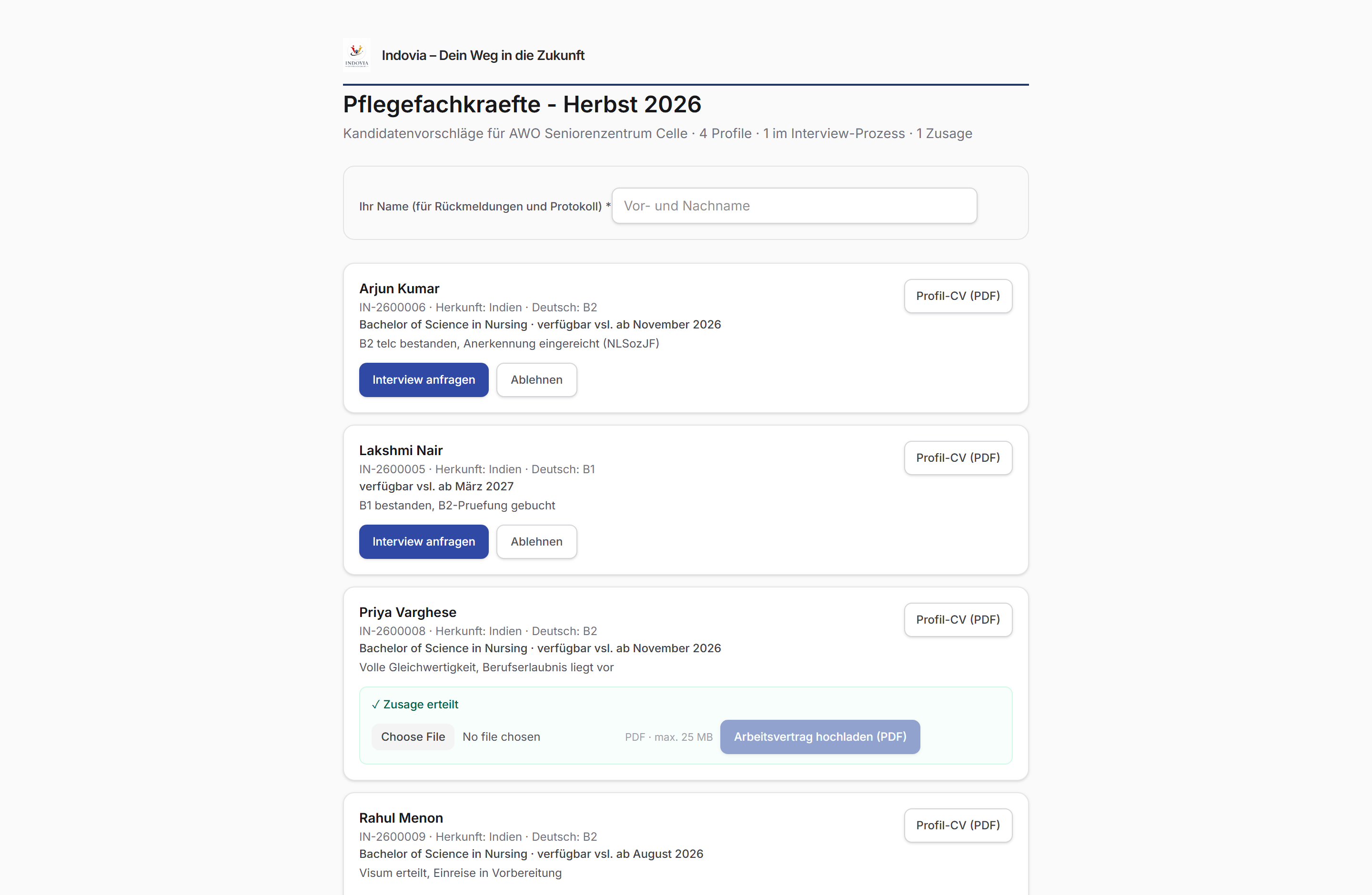 NurseBridge Arbeitgeber-Ansicht mit Kandidaten-Shortlist und Interview-Anfragen