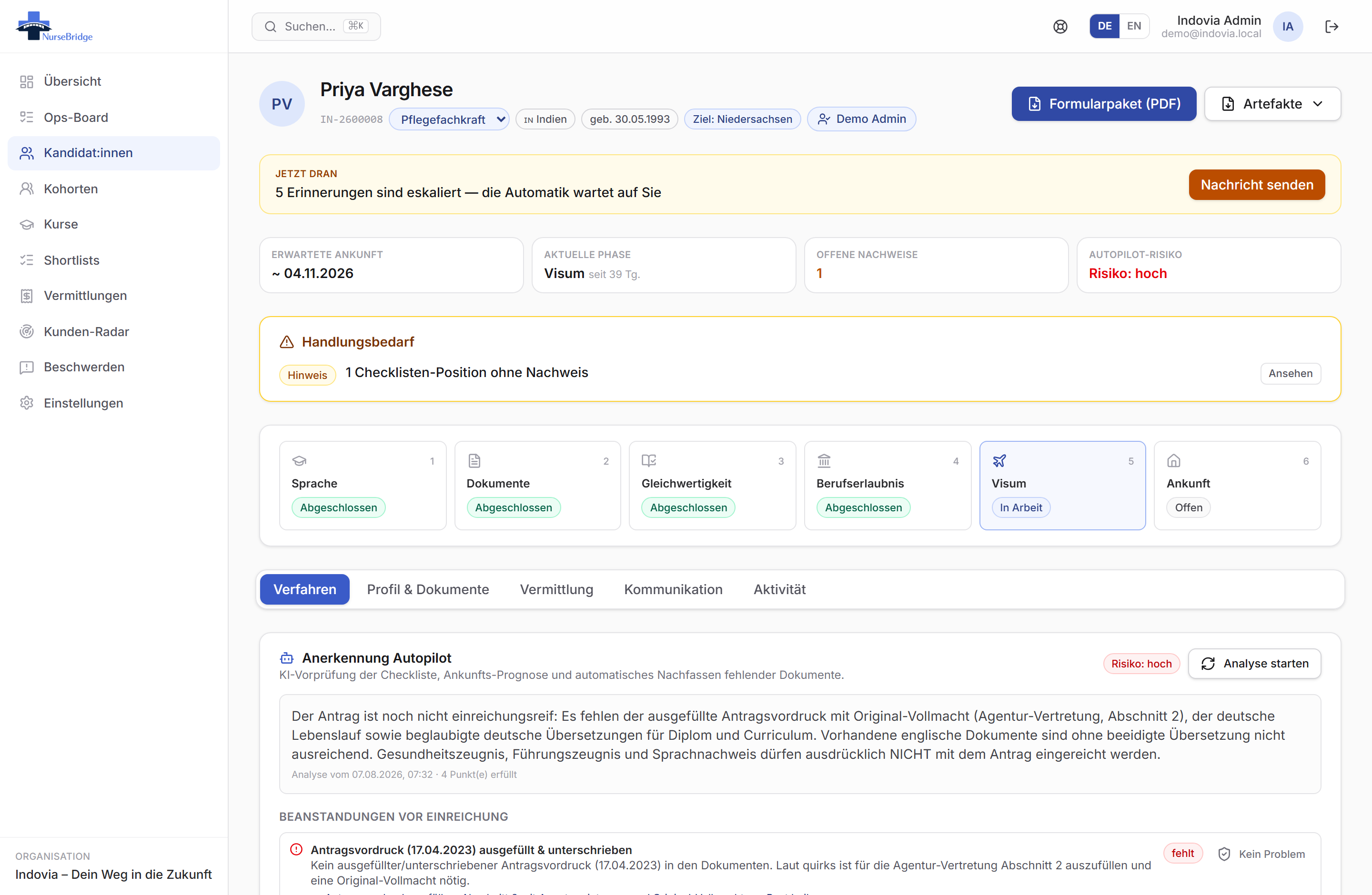 NurseBridge Kandidaten-Akte mit Verfahrensphasen, Anerkennung-Autopilot und nächsten Aufgaben